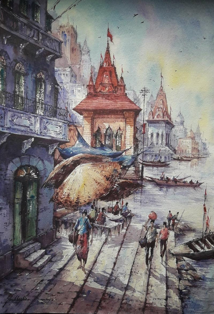 Religious watercolor painting titled 'Benaras ghat 4', 22x15 inches, by artist SHUBHASHIS MANDAL on Handmade paper