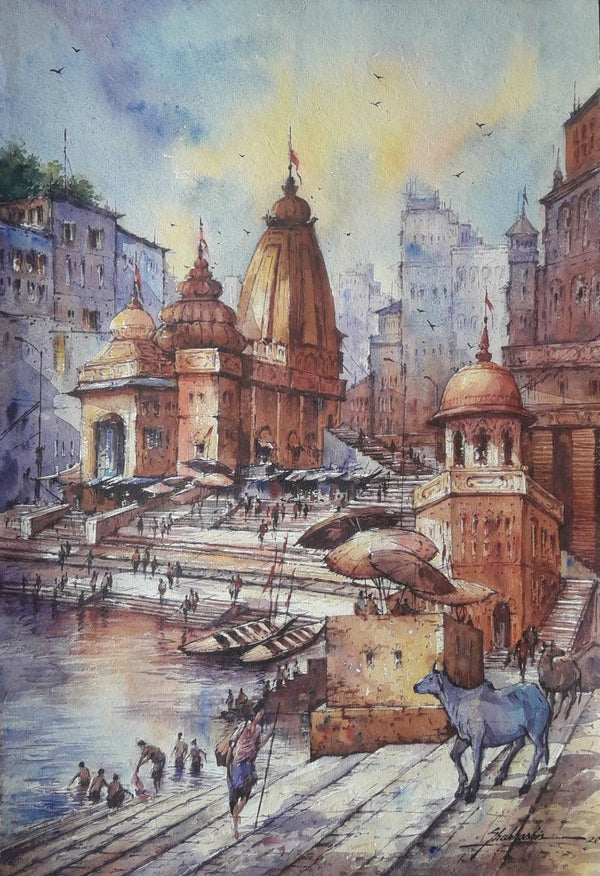 Religious watercolor painting titled 'Benaras ghat 5', 22x15 inches, by artist SHUBHASHIS MANDAL on Handmade paper