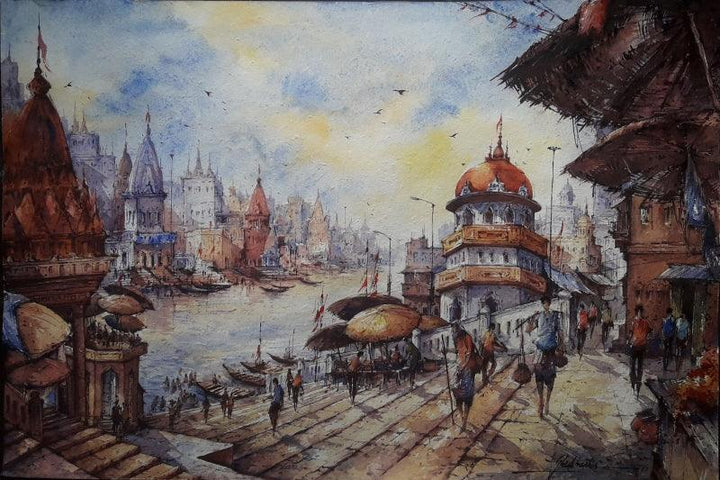 Landscape watercolor painting titled 'Benaras ghat series 1', 15x22 inches, by artist SHUBHASHIS MANDAL on Handmade paper