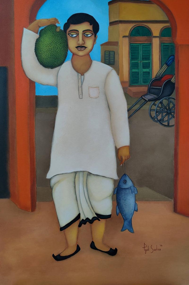 Figurative acrylic painting titled 'Bengali Babu', 36x24 inches, by artist Piyali Sarkar on Canvas