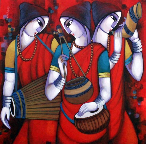 Figurative acrylic painting titled 'Bengali Tune 12', 36x36 inches, by artist Sekhar Roy on Canvas