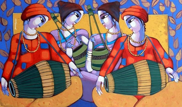 Figurative acrylic painting titled 'Bengali Tune 2', 36x60 inches, by artist Sekhar Roy on Canvas