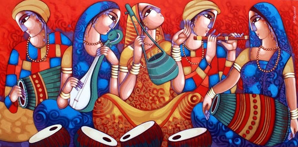 Figurative acrylic painting titled 'Bengali Tune 246', 36x72 inches, by artist Sekhar Roy on Canvas