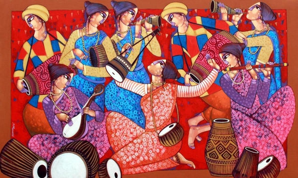 Figurative acrylic painting titled 'Bengali Tune 248', 66x108 inches, by artist Sekhar Roy on Canvas