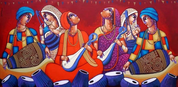 Figurative acrylic painting titled 'Bengali Tune 250', 48x96 inches, by artist Sekhar Roy on Canvas