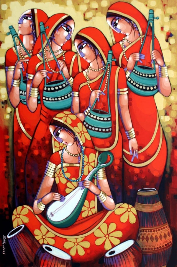 Figurative acrylic painting titled 'Bengali Tune 251', 72x48 inches, by artist Sekhar Roy on Canvas