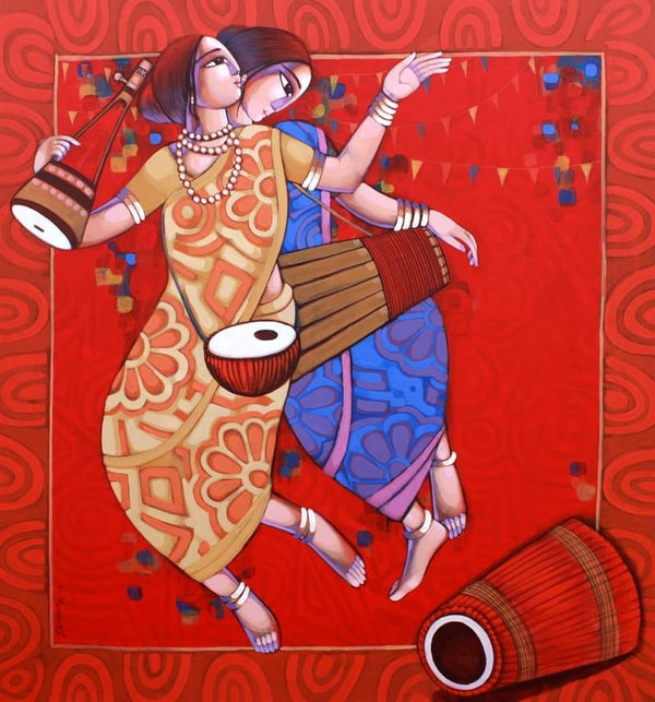 Figurative acrylic painting titled 'Bengali Tune 9', 66x60 inches, by artist Sekhar Roy on Canvas