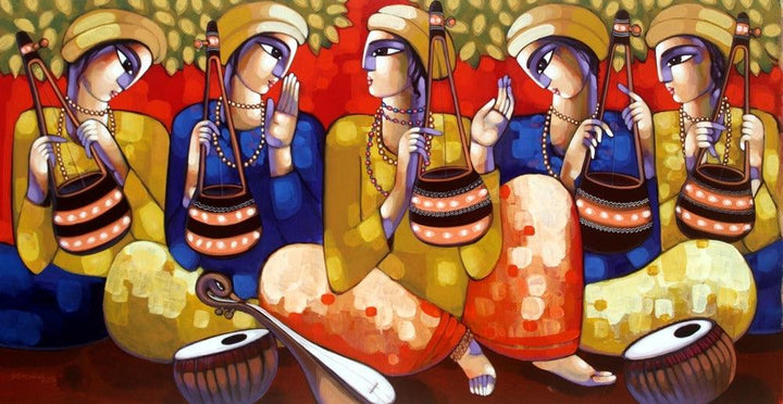 Figurative acrylic painting titled 'Bengali Tune', 36x68 inches, by artist Sekhar Roy on Canvas