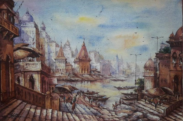 Religious watercolor painting titled 'Benras ghat 2', 15x22 inches, by artist SHUBHASHIS MANDAL on Handmade paper