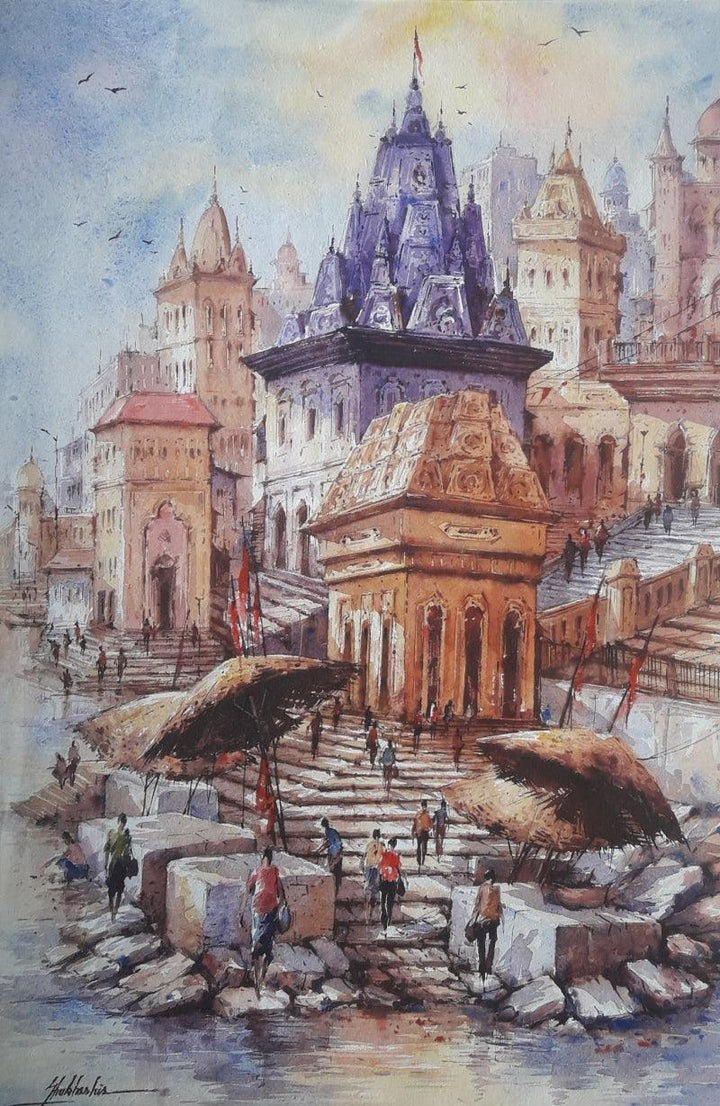 Religious watercolor painting titled 'Benras ghat 3', 22x15 inches, by artist SHUBHASHIS MANDAL on Handmade paper