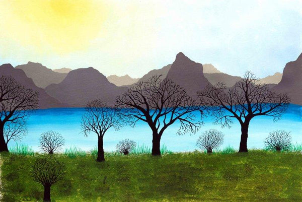 Landscape acrylic painting titled 'Besides the calm waters', 24x36 inches, by artist Sumit Mehndiratta on Canvas