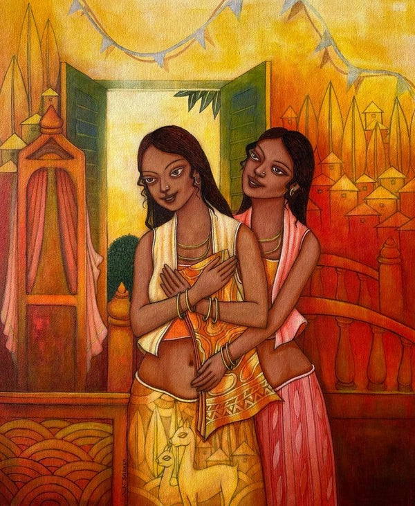 Figurative acrylic painting titled 'Bestfriend', 28x24 inches, by artist Aniruddha Sarker on canvas