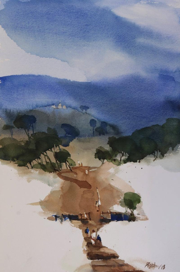 Landscape watercolor painting titled 'Beyond All Rise And Fall 22x15', 22x15 inches, by artist Prashant Prabhu on Paper