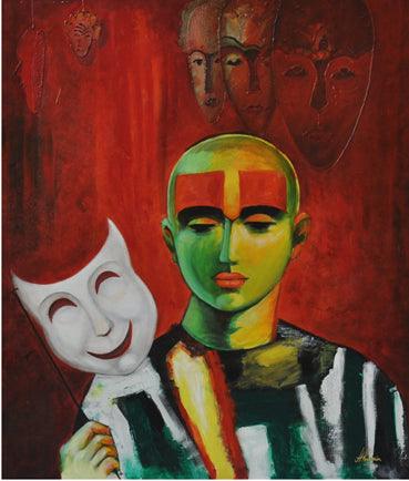 Figurative acrylic painting titled 'Beyond Good And Evil', 33x38 inches, by artist Huma Hussain on Canvas