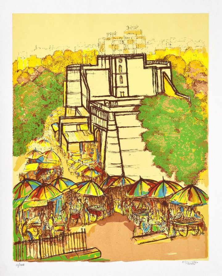 Cityscape serigraphs painting titled 'Bhadra Darwaza', 30x24 inches, by artist Vrindavan Solanki on Paper