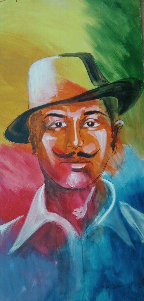 Figurative acrylic painting titled 'Bhagat singh', 48x36 inches, by artist Vignesh Kumar on CardBoard