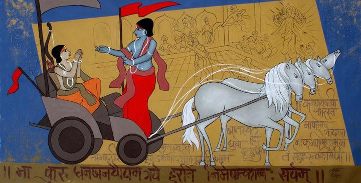 contemporary acrylic painting titled 'Bhagavat Gita', 29x59 inches, by artist Chetan Katigar on Canvas