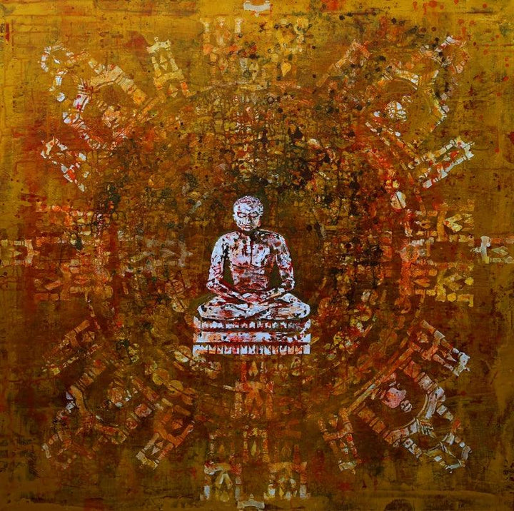 Religious acrylic painting titled 'Bhagwan Mahavir', 42x42 inches, by artist Ram Thorat on Canvas