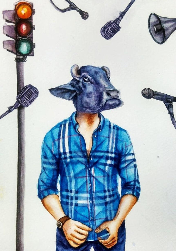 contemporary watercolor painting titled 'Bhains Ke Aage Been', 9x6 inches, by artist Pranita Das on Canvas