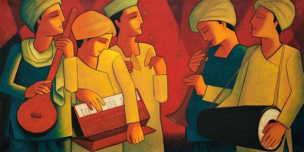 Figurative acrylic painting titled 'Bhajan 1', 24x48 inches, by artist Dipak Asole on Canvas