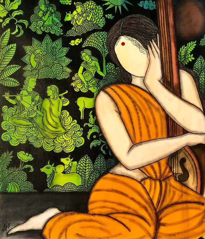 contemporary acrylic painting titled 'Bhakti Krishna series', 34x27 inches, by artist Mrinal Dutt on Canvas