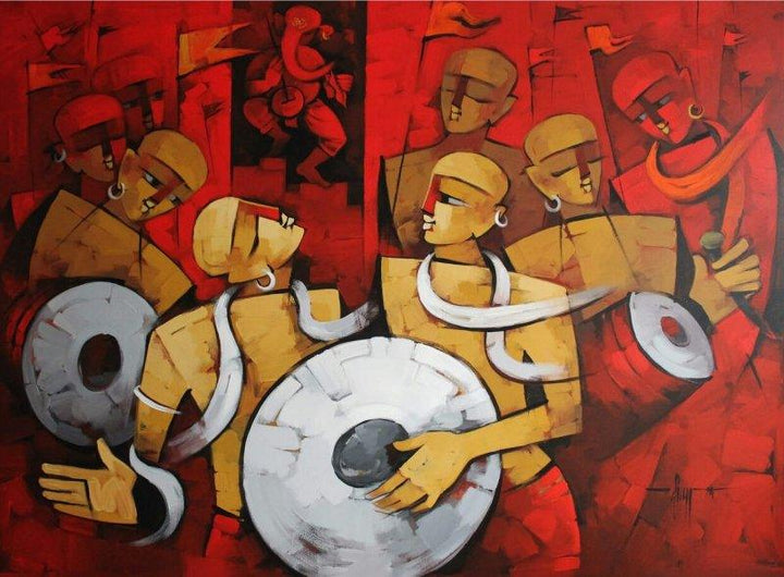 Figurative acrylic painting titled 'Bhakti Rang', 72x94 inches, by artist Deepa Vedpathak on Canvas