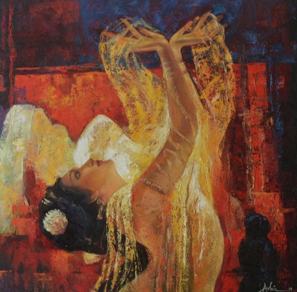 Figurative oil painting titled 'Bharatanatyam 4', 30x30 inches, by artist Ashis Mondal on Canvas