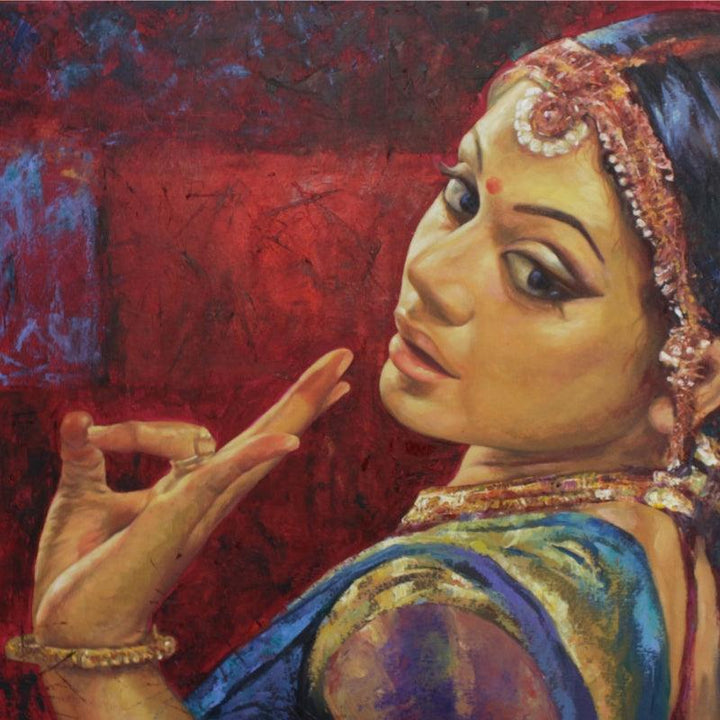 Figurative oil painting titled 'Bharatanatyam 6', 24x24 inches, by artist Ashis Mondal on Canvas