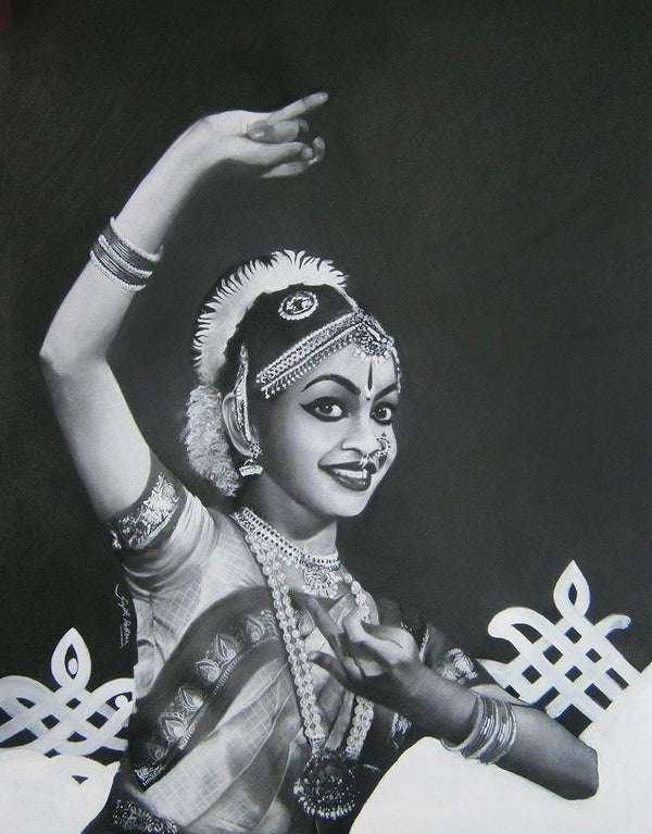 Realistic charcoal drawing titled 'Bharatanatyam III', 25x20 inches, by artist Sujith Puthran on Paper