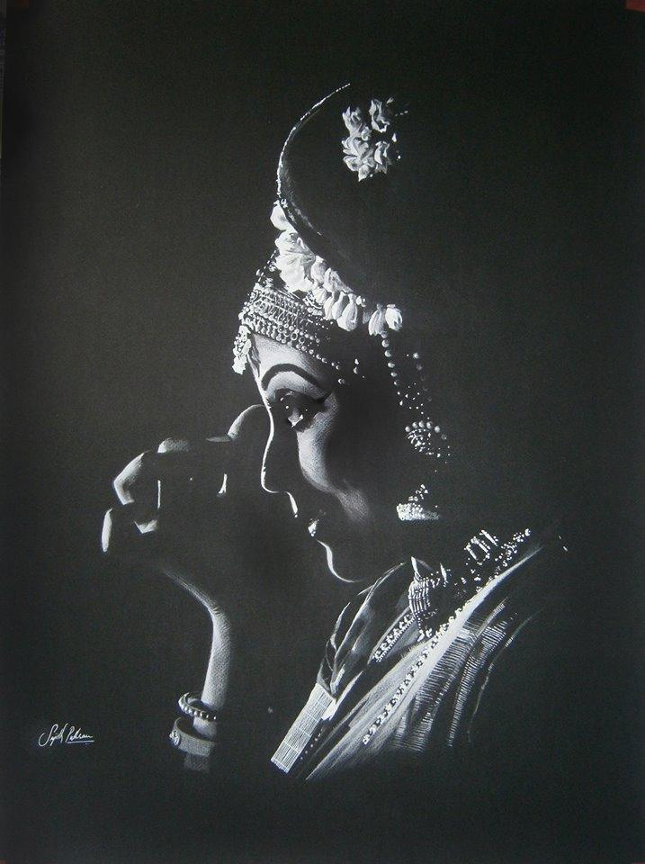 Realistic charcoal drawing titled 'Bharatanatyam VI', 30x22 inches, by artist Sujith Puthran on Paper