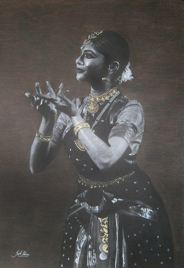 Realistic charcoal drawing titled 'Bharatanatyam X', 30x22 inches, by artist Sujith Puthran on Paper