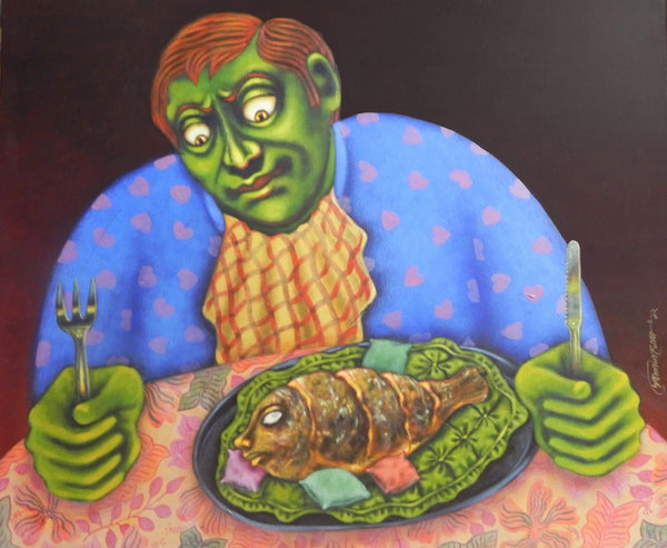 Figurative acrylic painting titled 'BHOG', 30x36 inches, by artist Deblina Ghosh on Canvas