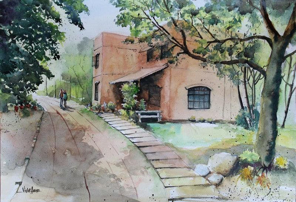 Cityscape watercolor painting titled 'Bhoomii Ecological college', 22x15 inches, by artist Vivekanand Viswam on Paper