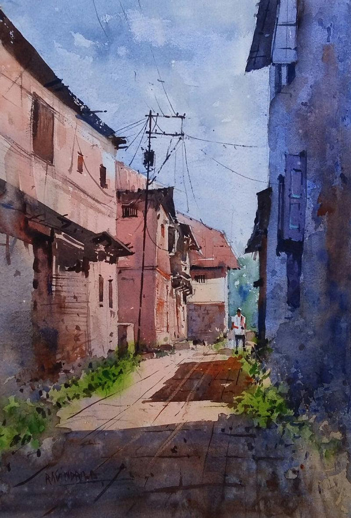 Cityscape watercolor painting titled 'Bhor Indian Village', 22x15 inches, by artist Ravindra Mahale on Paper