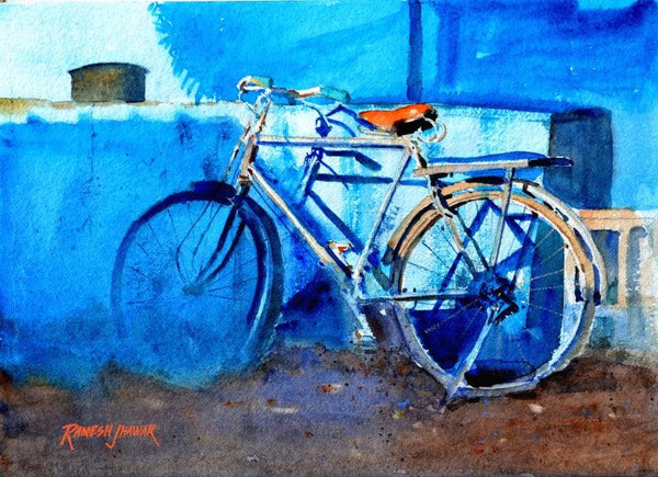 Transportation watercolor painting titled 'Bicycle By The Blue Wall', 10x14 inches, by artist Ramesh Jhawar on Paper