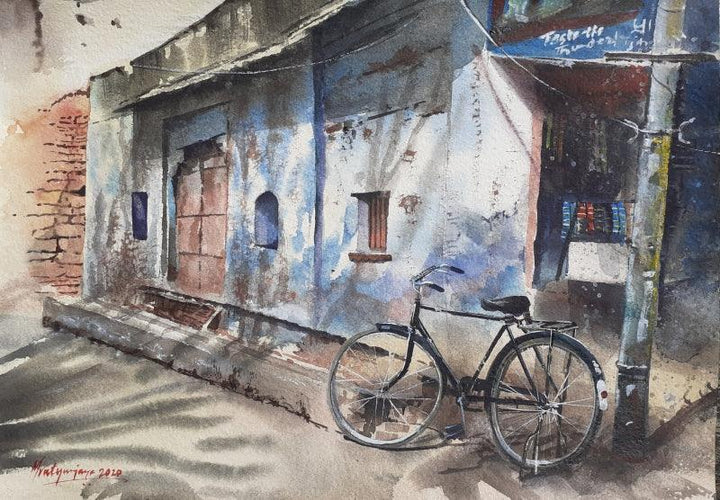 Cityscape watercolor painting titled 'BiCycle in Jodhpur', 16x12 inches, by artist Mrutyunjaya Dash on Paper