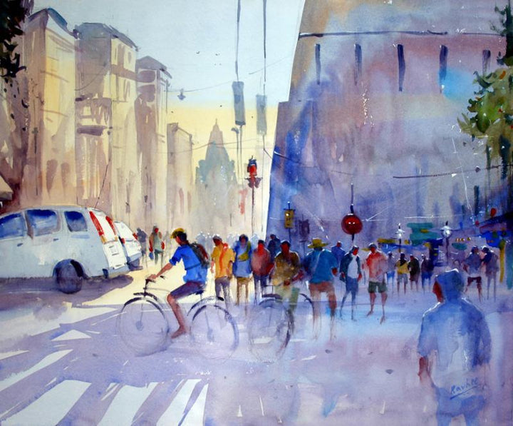 Cityscape watercolor painting titled 'Bicycle Rider', 15x22 inches, by artist Ravee Songirkar on Paper