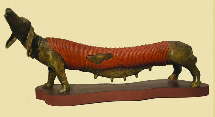 Animals sculpture titled 'Big Pet', 14x36x9 inches, by artist Subrata Paul on Bronze, Wood