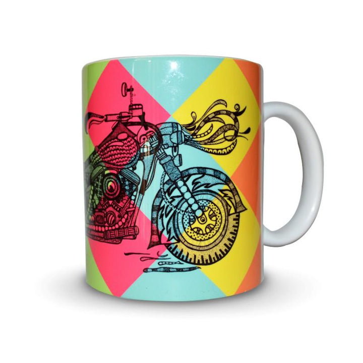 Lifestyle craft titled 'Bike Print Mug', 4x3 inches, by artist Sejal M on Ceramic