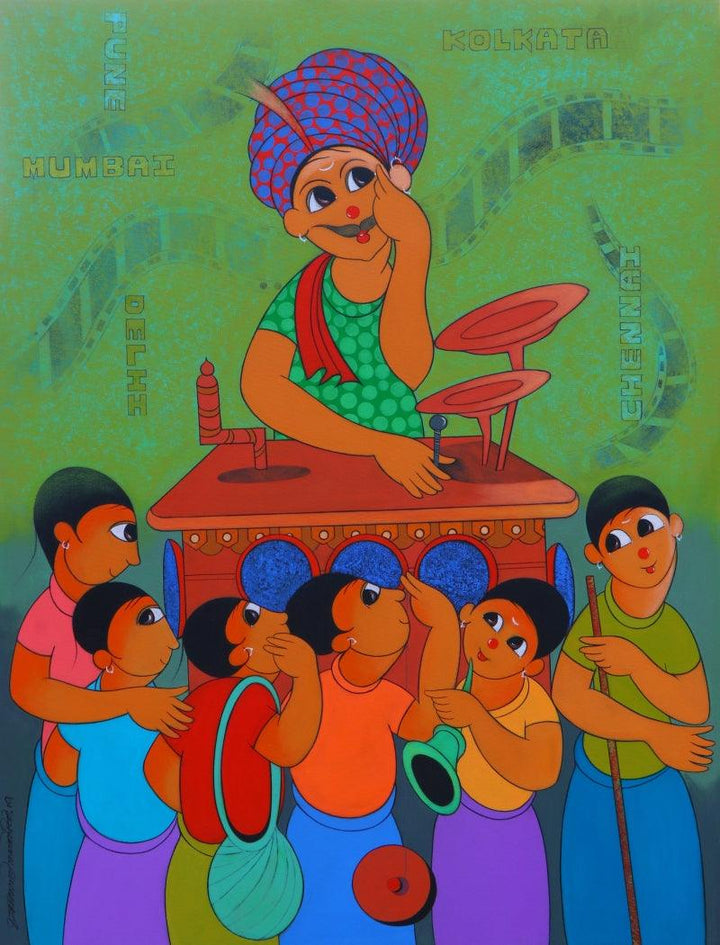 Figurative acrylic painting titled 'Bioscope', 48x36 inches, by artist Dnyaneshwar Bembade on Canvas