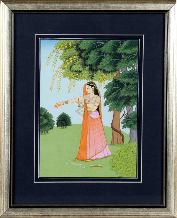 Folk Art mughal traditional art titled 'Bipralabdha Nayika Nayika Bhed', 12x10 inches, by artist Kalavithi Art Ventures on Handmade Paper