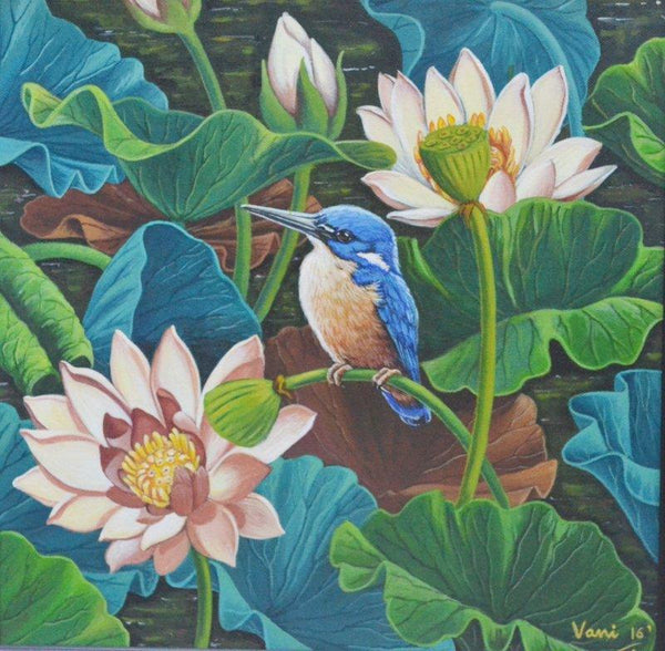 Nature acrylic painting titled 'Bird In Lotus Pond 7', 15x15 inches, by artist Vani Chawla on canvas