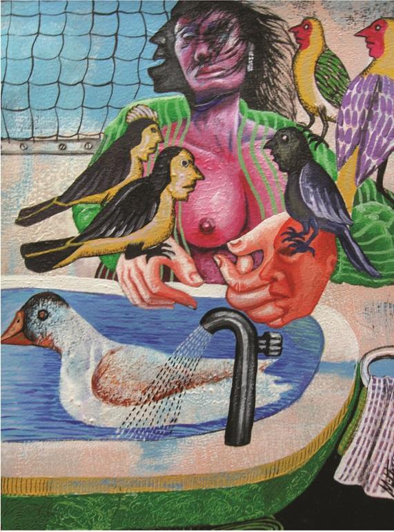 Fantasy acrylic painting titled 'Bird Lover', 9x10 inches, by artist Mithun Dasgupta on Acid Free Paper