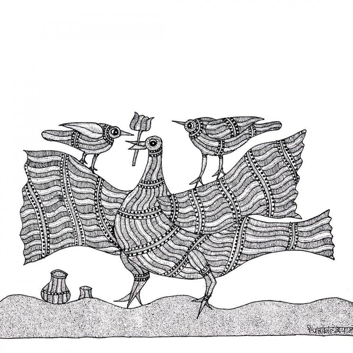 Folk Art gond traditional art titled 'Bird with Trident Gond Art', 10x14 inches, by artist Chitrakant Shyam on Paper