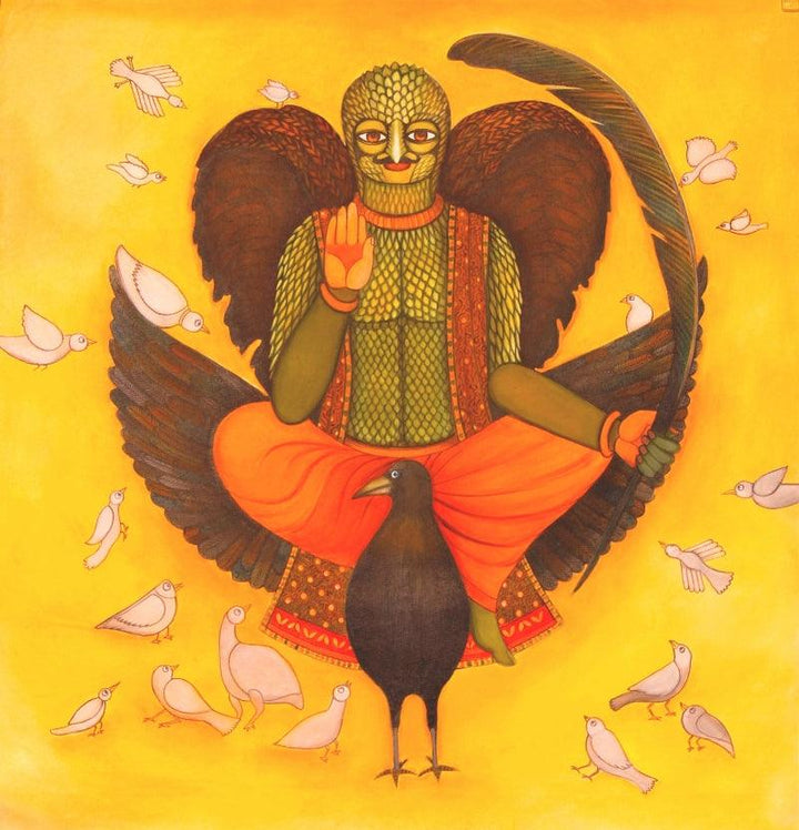 Figurative acrylic painting titled 'Birdman', 36x36 inches, by artist Meenakshi Jha Banerjee on Canvas