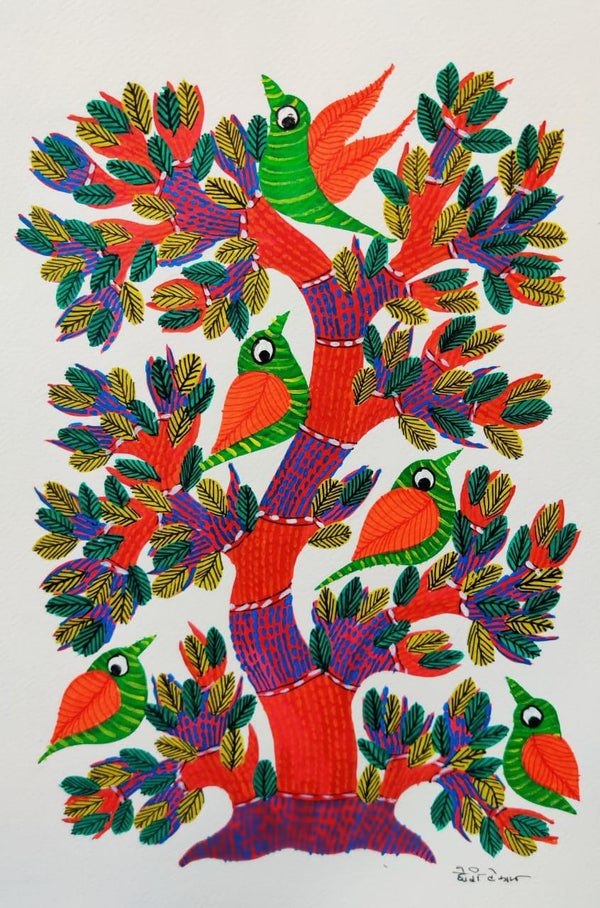 Animals gond traditional art titled 'Birds 10', 14x10 inches, by artist Choti Gond Artist on Paper