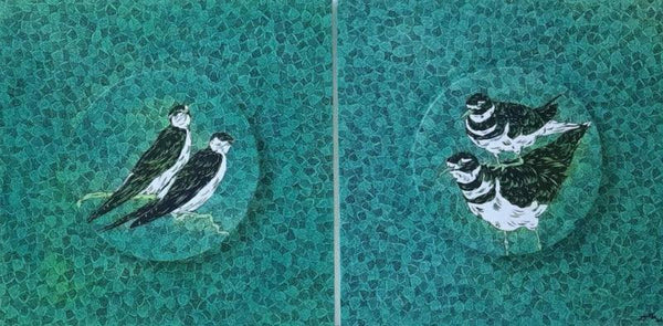 Animals acrylic pen painting titled 'Birds 2 (Diptych)', 18x36 inches, by artist Rama Krishna V on Canvas Board