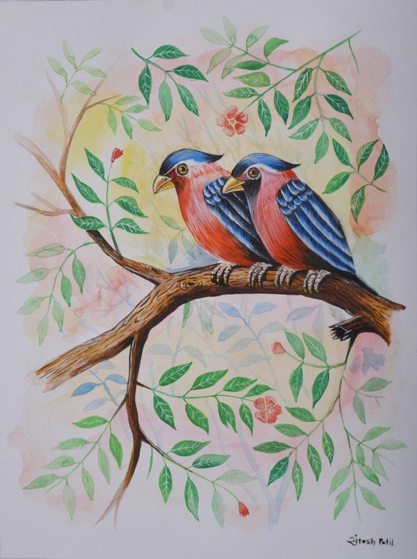 Animals watercolor painting titled 'Birds 219', 12x9 inches, by artist Santosh Patil on paper