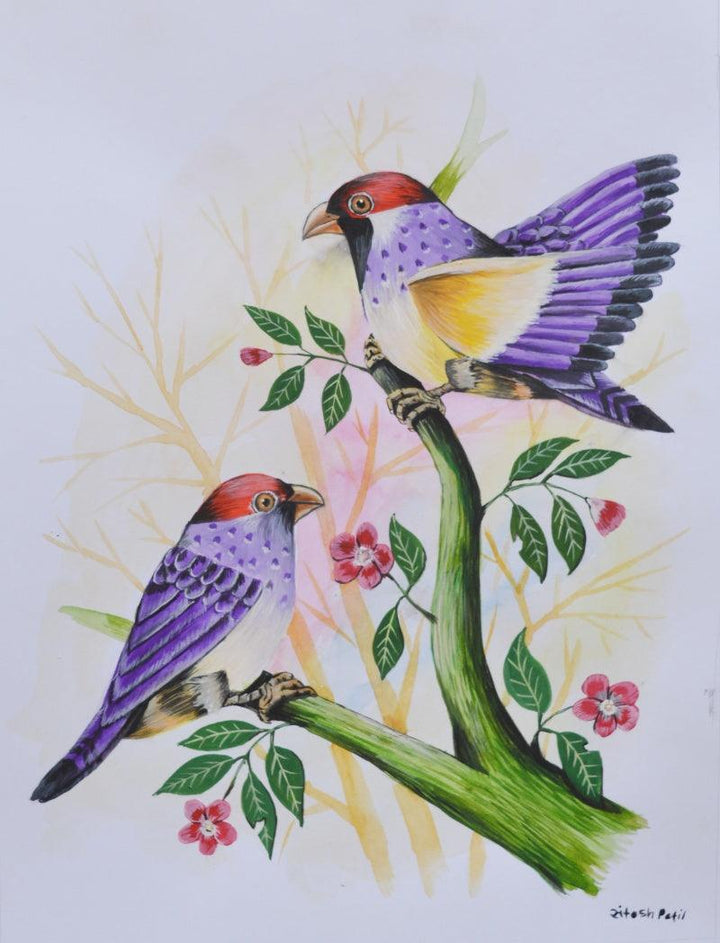 Animals watercolor painting titled 'Birds 221', 12x9 inches, by artist Santosh Patil on paper