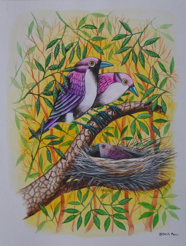 Animals postercolor painting titled 'Birds 259', 12x9 inches, by artist Santosh Patil on Paper